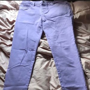 purple jeggings w/ankle distressing